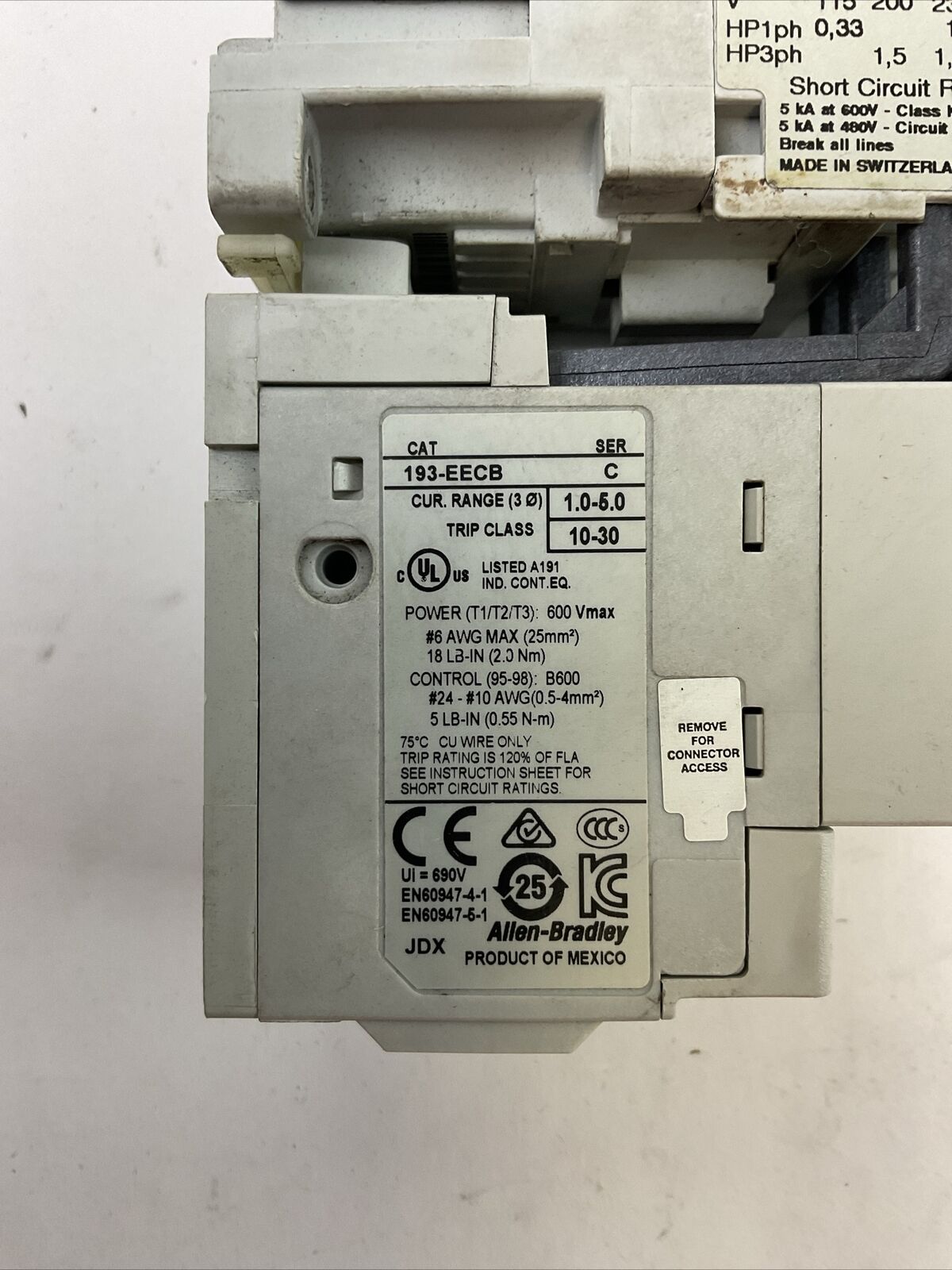 ALLEN BRADLEY STARTER (500-TO*94 SER D COIL 120V + 193-EECB SER C 1.0-5.0A)