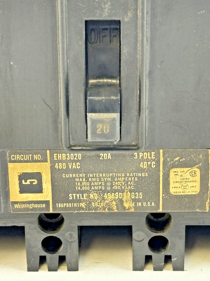 WESTINGHOUSE - EHB3020 - MOLDED CIRCUIT BREAKER - 3 POLE/20A/600 VAC