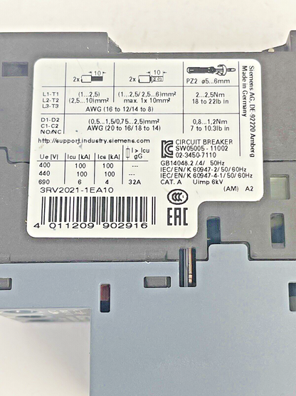 SIEMENS - 3RV2021-1EA10 & 3RV1927-5AA00 - CIRCUIT BREAKER & CABLE CONDUCTOR