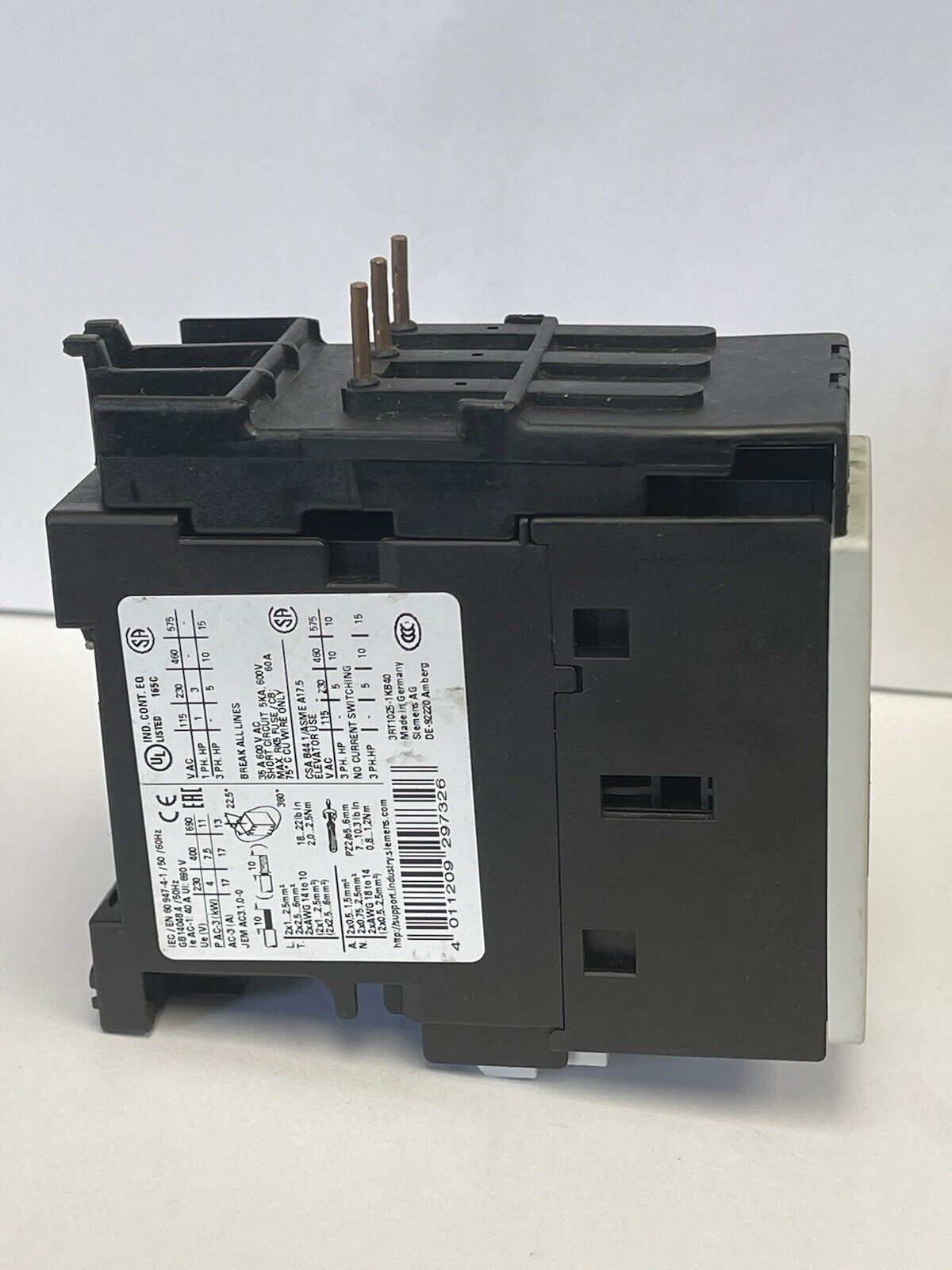 SIEMENS - 3RT1025-1K - CONTACTOR - AC-3 17 A, 7.5 kW / 400 V 230 V DC, 3-pole