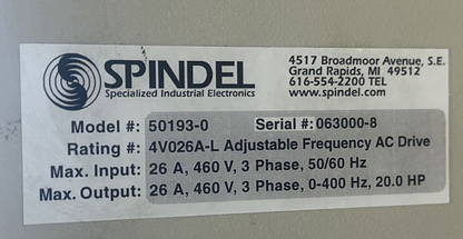 SPINDEL MASTER 50193-0 4V026A-L ADJ FREQUENCY AC DRIVE 26A 460V 3PH 20.0HP