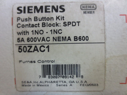 FURNAS 50ZAC1 PUSH BUTTON KIT, CONTACT BLOCK 1NO/1NC, 5A, 600VAC - NEW SURPLUS