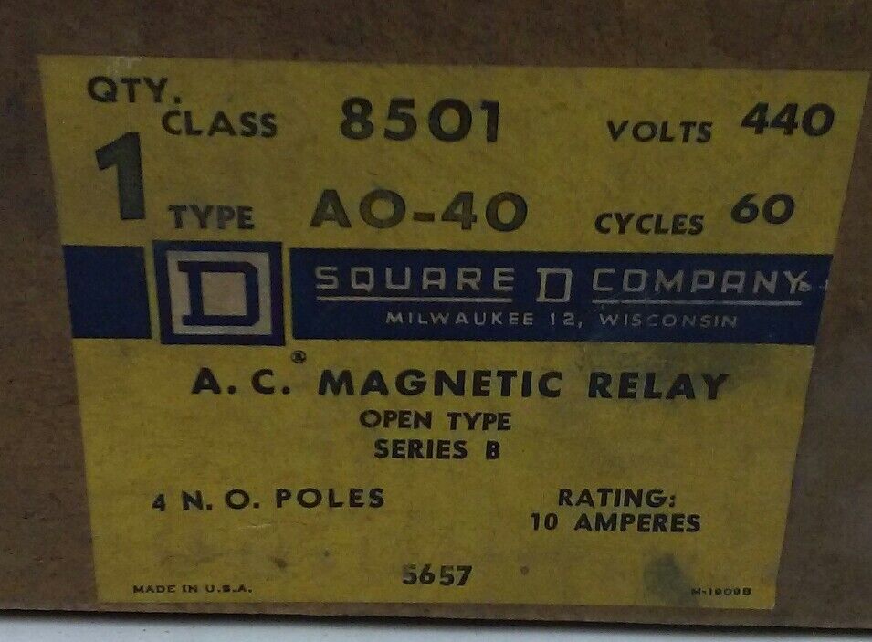 Square D, AC Magnetic Relay, Class 8501 Type AO-40 Series B, 440 volts, 10 Amp