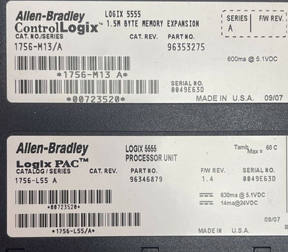 ALLEN BRADLEY 1756-L55 SER A F/W REV 1.4 LOGIX PROCESSOR UNIT 1756-M13 SER A