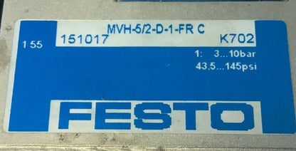 FESTO MVH-5/2-D-1-FR-C SOLENIOD VALVE W/FESTO MSV-3 20,4-26,4VDC 2,5W