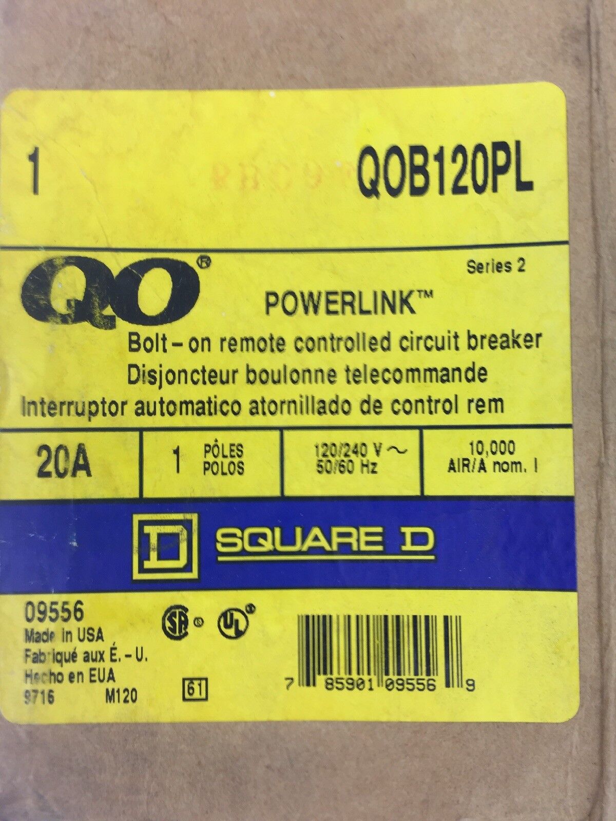 SQUARE D QOB120PL 20A 1 POLE 120/240V 50/60HZ 10,000 AIR/A NOM CIRCUIT BREAKER