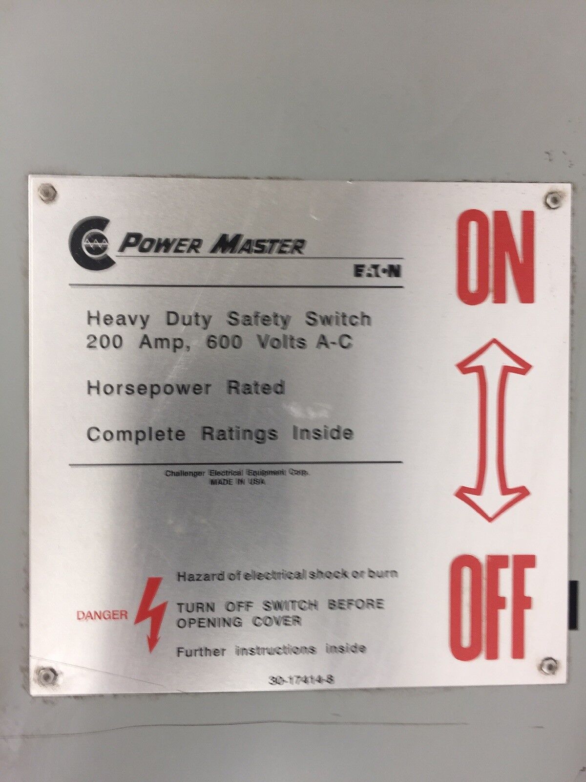EATON H364NFK HEAVY DUTY SAFETY SWITCH 200 AMP 600 VAC 250 VDC 3 POLE TYPE 1