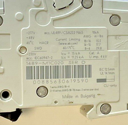 ALLEN-BRADLEY 1489-M1C020 CIRCUIT BREAKER 10KA SER.D 2A 277VAC 50-60HZ**LOTOF2**