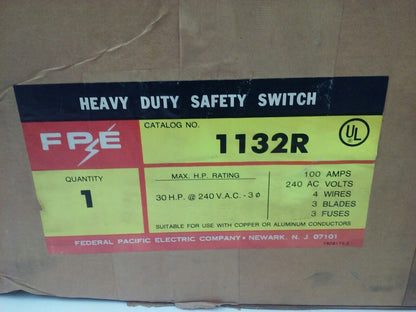 FPE 1132R FUSIBLE HEAVY DUTY SAFETY SWITCH 3P, 100A, 240VAC, 4 WIRE, 30HP