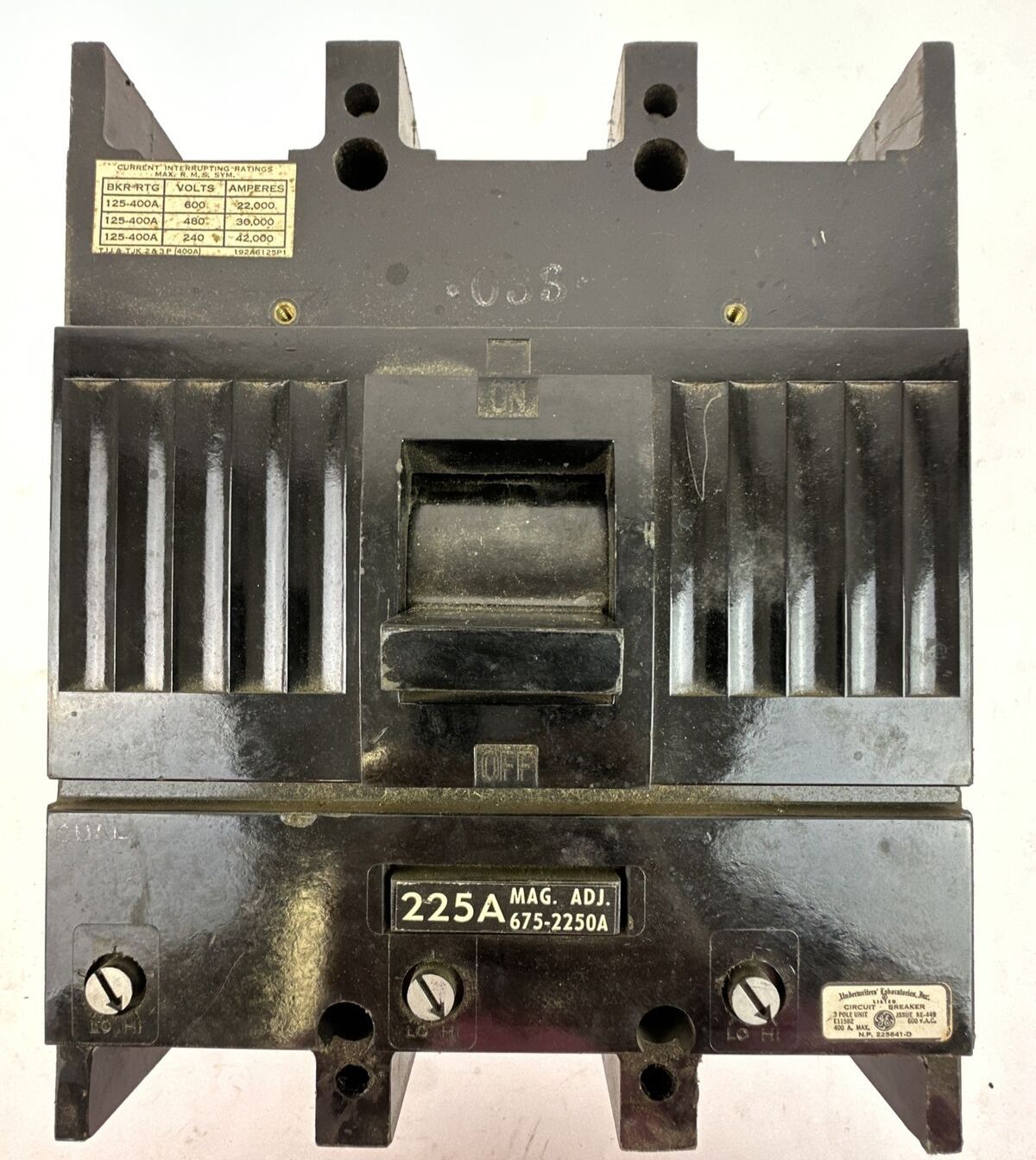 GE TJJ436225 CIRCUIT BREAKER 225AMP 3POLE 600VAC