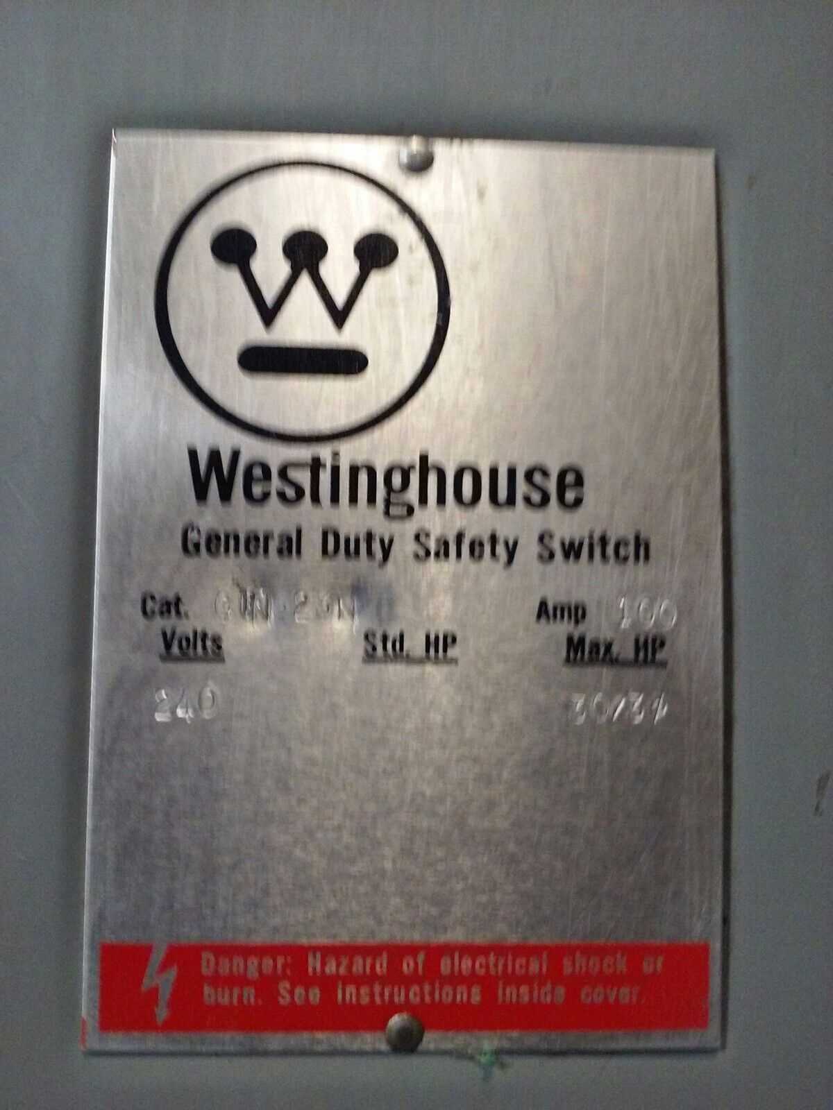 WESTINGHOUSE, GFN323N, SAFETY SWITCH, 240V, 100A, 2P, 2 FUSES, INDOOR, NEW