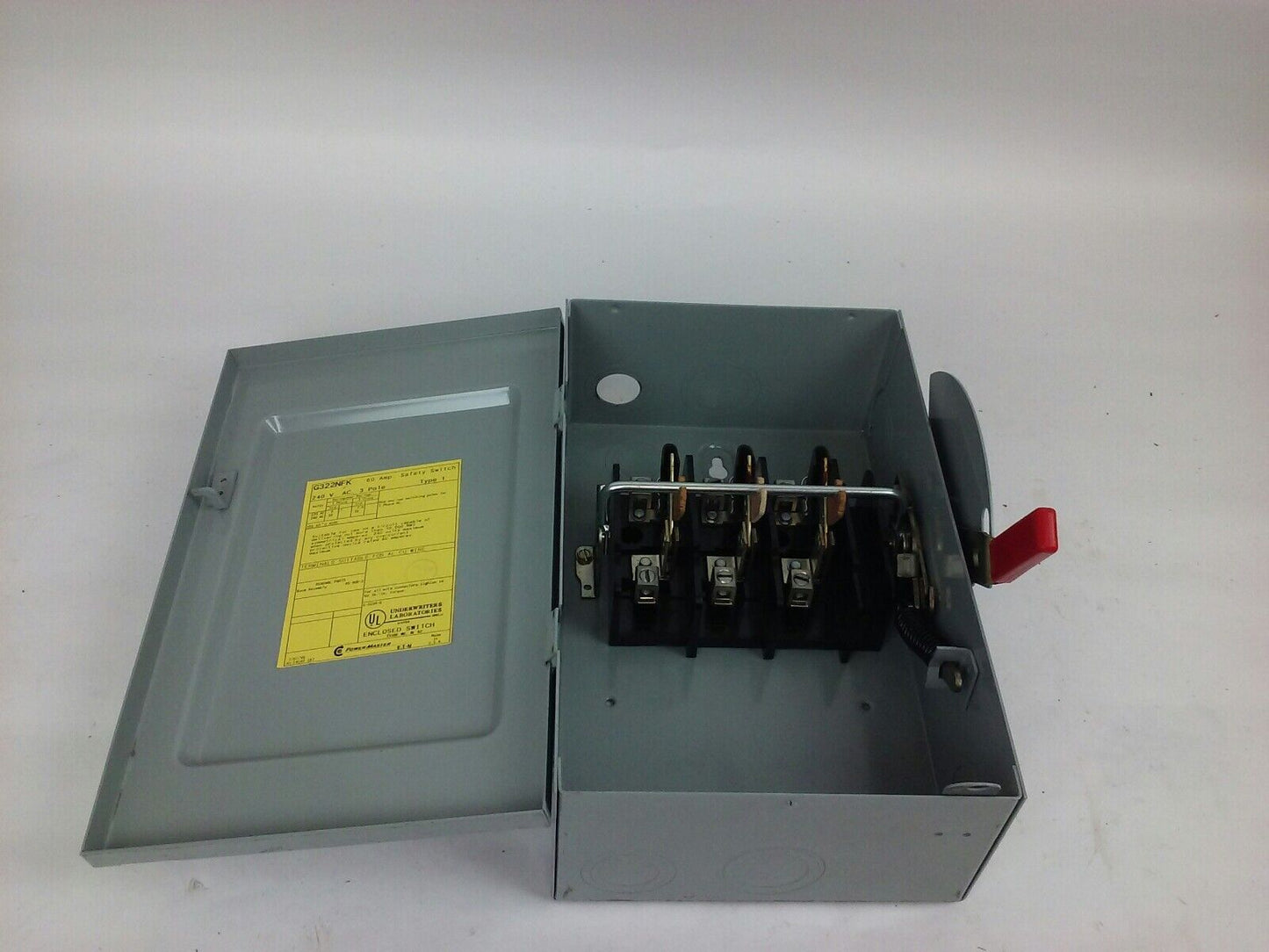 POWER MASTER, G322NFK, SAFETY SWITCH, 60A, 3 POLE, 240V, NON FUSIBLE, USED