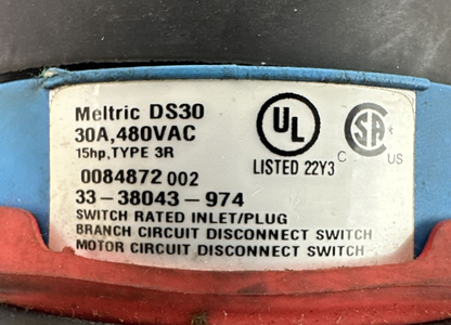 MELTRIC DS30 30A 480VAC 15HP TYPE 3R 33-38043-974 SWITCH RATED INLET/PLUG