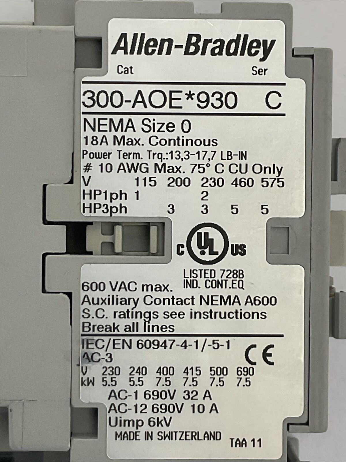 ALLEN BRADLEY 309-AOEJ-EEC (300-AOE*930+193-EECB) 600VAC 18A 3PH 5HP COIL 24VDC