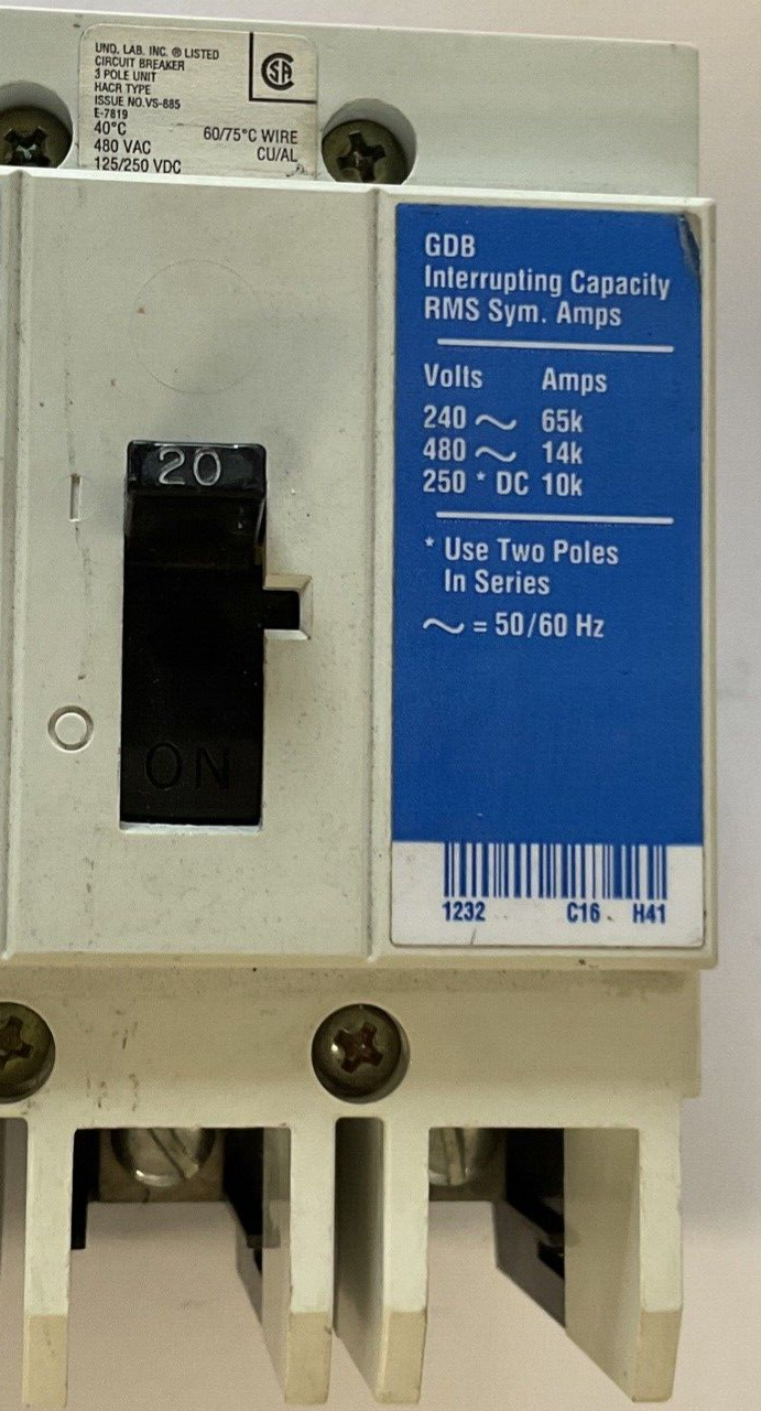 WESTINGHOUSE GDB 14K CIRCUIT BREAKER 20A 480VAC 3POLE 50/60HZ GDB3020