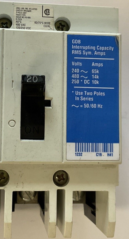 WESTINGHOUSE GDB 14K CIRCUIT BREAKER 20A 480VAC 3POLE 50/60HZ GDB3020
