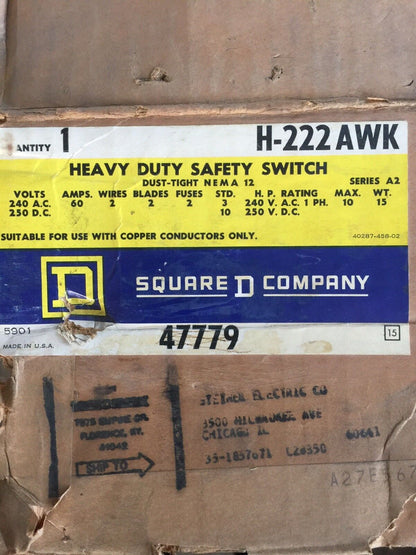 SQUARE D H-222AWK HEAVY DUTY SAFETY SWITCH 240 A.C. VOLTS 60 AMPS 250 D.C. VOLTS