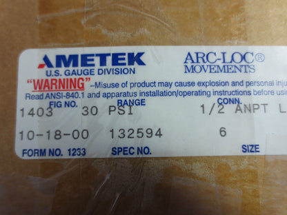 AMETEK 3420P-30 PANEL-MOUNT TEST GAUGE - 30psi, 5" - RECALIBRATED 1/2ANPT