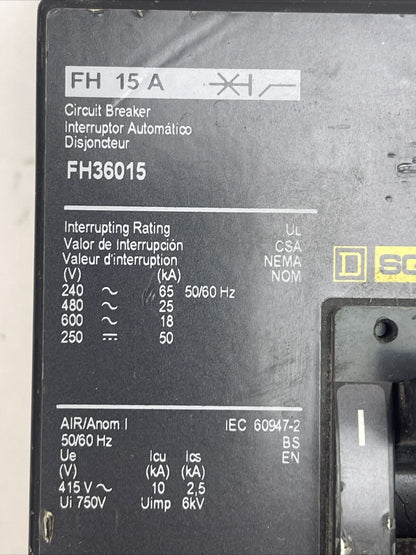 SQUARE D FH36015 CIRCUIT BREAKER 15AMP 600VAC 250VDC 3POLE