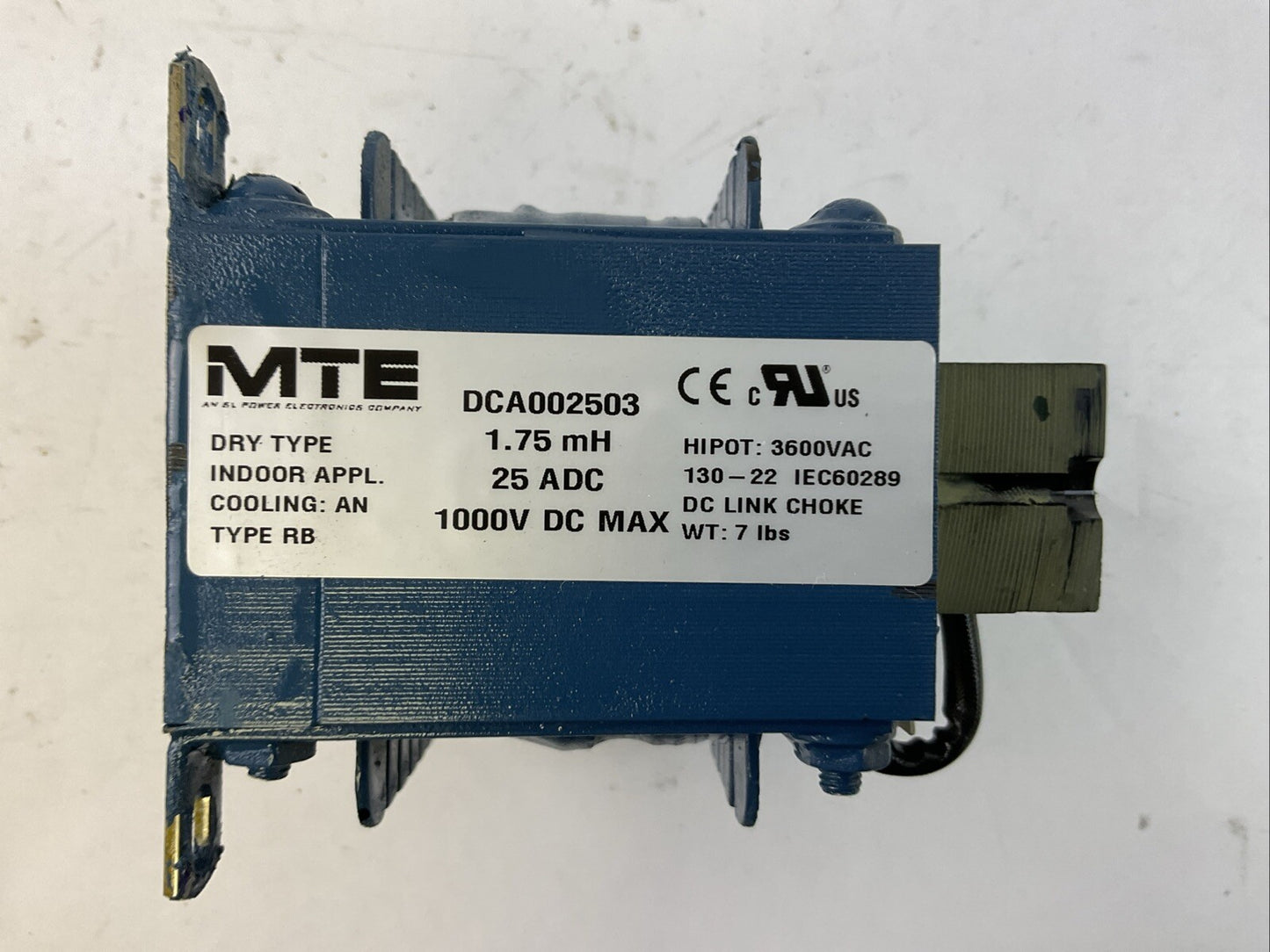 MTE DCA002503 DC LINK CHOKE 1.75mH 25ADC 1000VDC MAX TYPE RB HIPOT 3600VAC