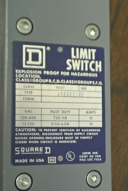 SQUARE D 9007 BR53B2-S9 HEAVY DUTY LIMIT SWITCH for HAZARDOUS LOCATION