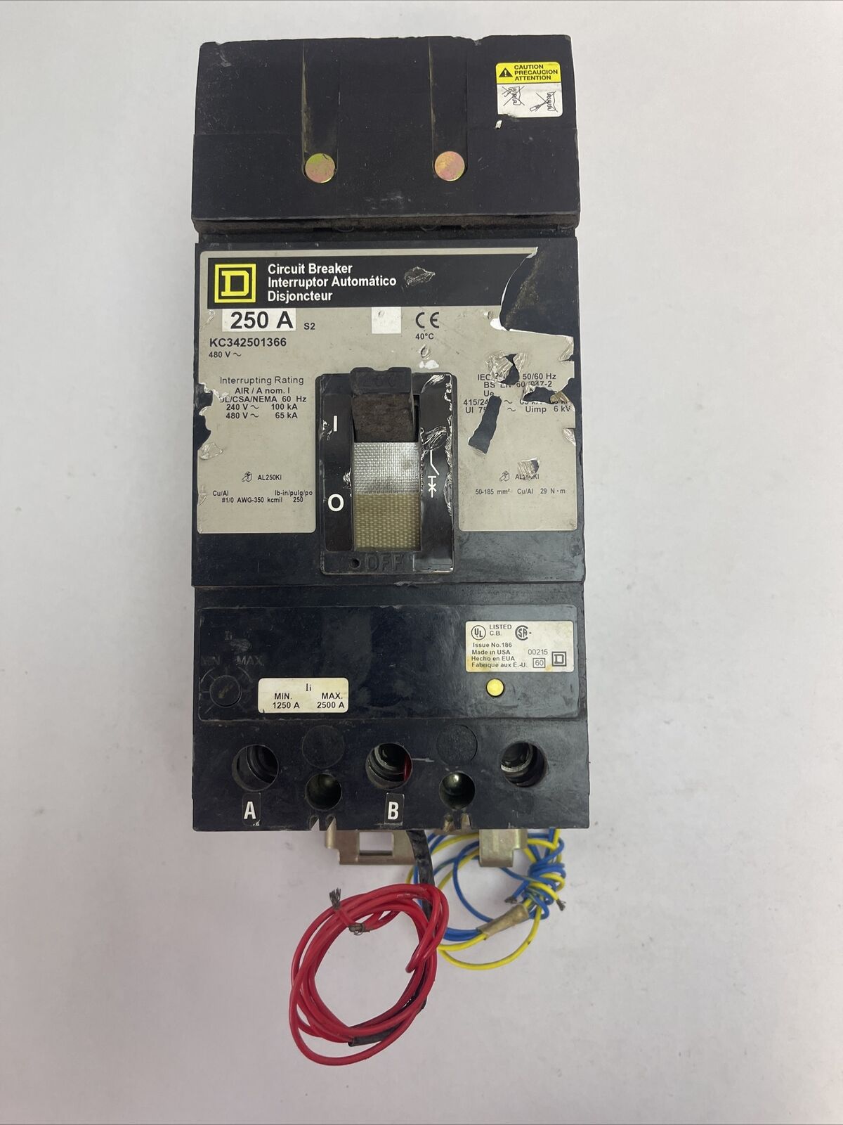 SQUARE D KC342501366 CIRCUIT BREAKER 250AMP 480VAC 3POLE