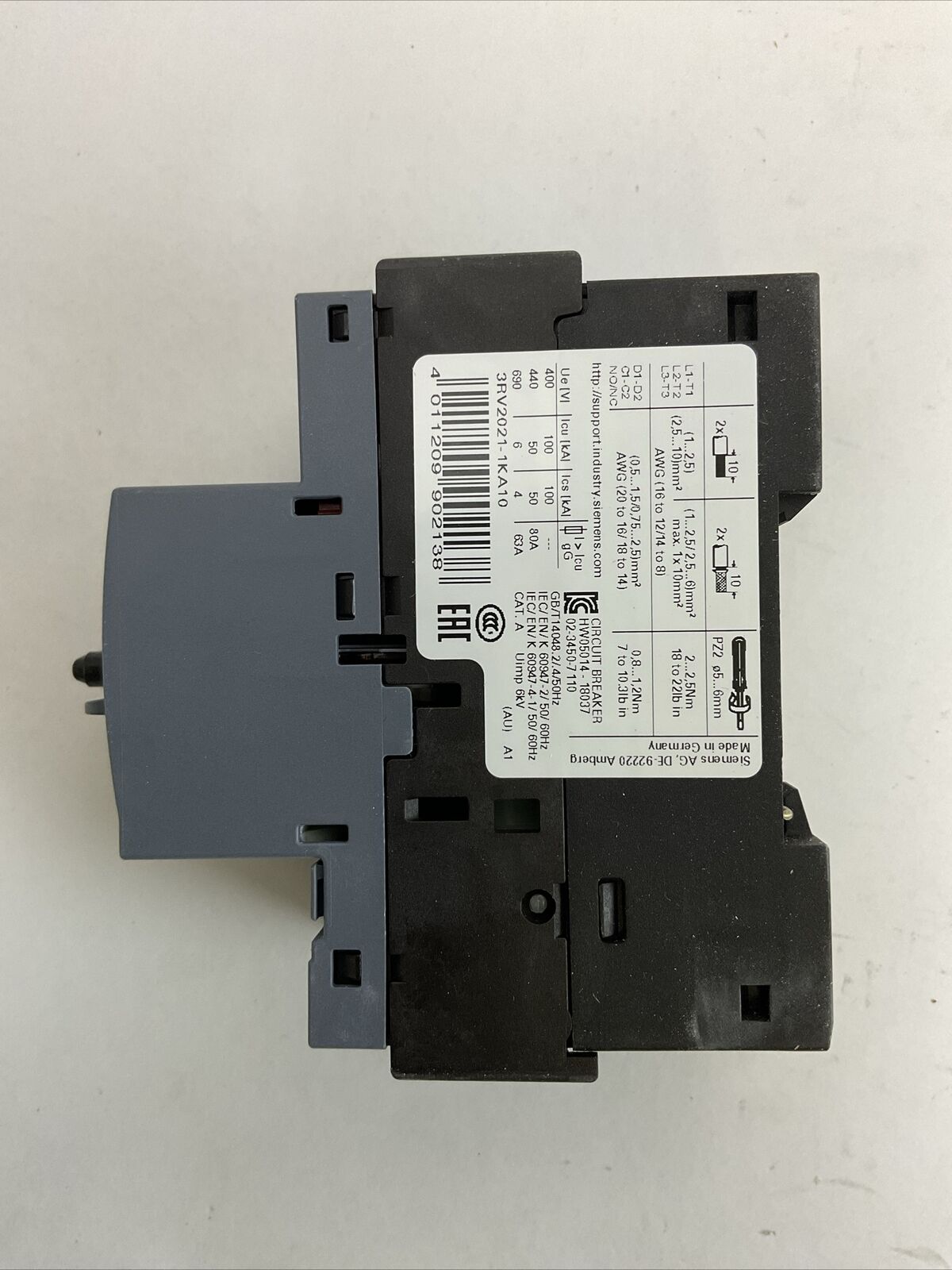 SIEMENS 3RV2021-1KA10 CIRCUIT BREAKER 9,0-12,5A
