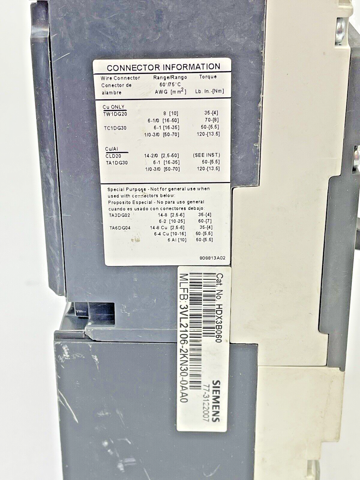 SIEMENS - HDX3B060 -CIRCUIT BREAKER-60 A, 600 VAC, FRAME-DG, 3VL2106-2KN30-0AA0