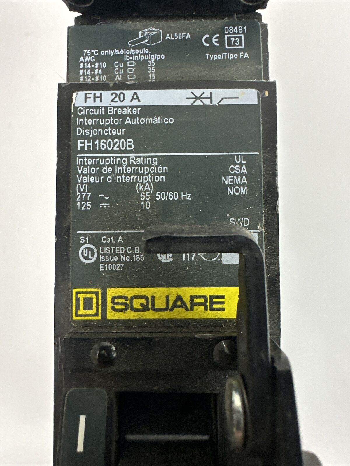 SQUARE D FH16020B CIRCUIT BREAKER 20AMP 277VAC 125VDC 1POLE