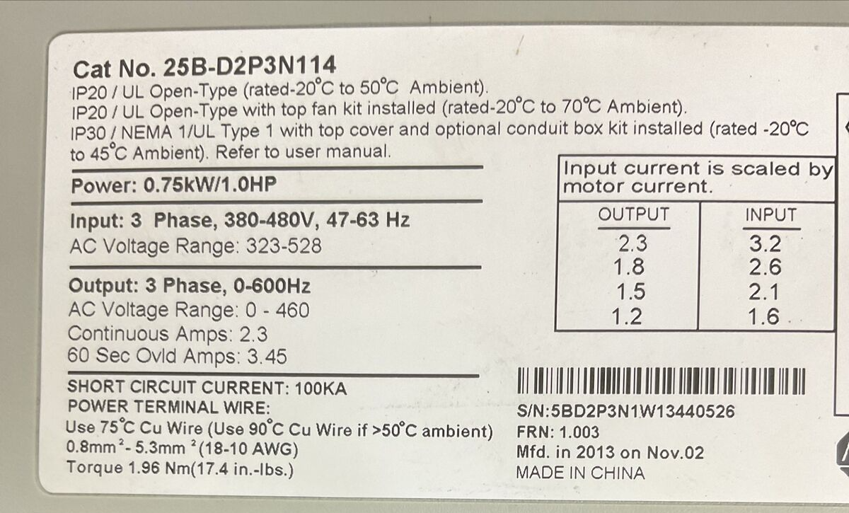 ALLEN BRADLEY 25B-D2P3N114 AC DRIVE FRN 1.003 SER A OUTPUT 0-460VAC 25-FAN1-70C