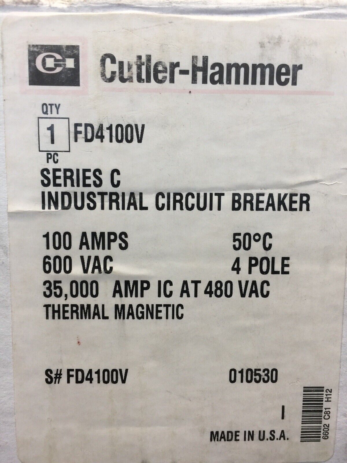 CUTLER-HAMMER FD4100V INDUSTRIAL CIRCUIT BREAKER 600VAC 250VDC 100AMP 4 POLES