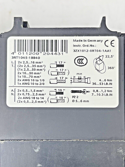 SIEMENS - 3RT1045-1BB40 CONTACTOR WITH 24V DC COIL & 3RH1921-1HA22 CONTACT BLOCK