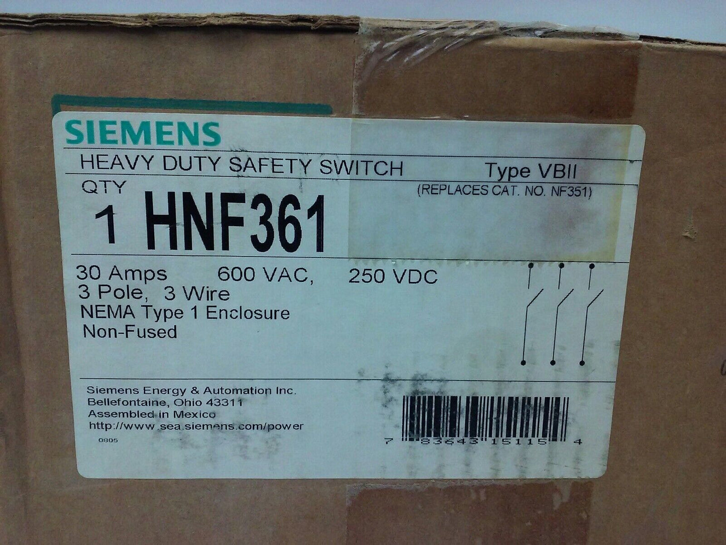 SIEMENS HNF361 SAFETY SWITCH, TYPE 1 ENCLOSURE, TYPE VB11, 30A, 600V, 3P, NEW