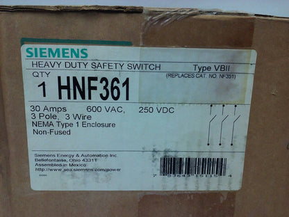 SIEMENS HNF361 SAFETY SWITCH, TYPE 1 ENCLOSURE, TYPE VB11, 30A, 600V, 3P, NEW