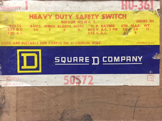 SQUARE D HU-361 HEAVY DUTY SAFETY SWITCH 30 AMPS 600 V.A.C 250 V.D.C