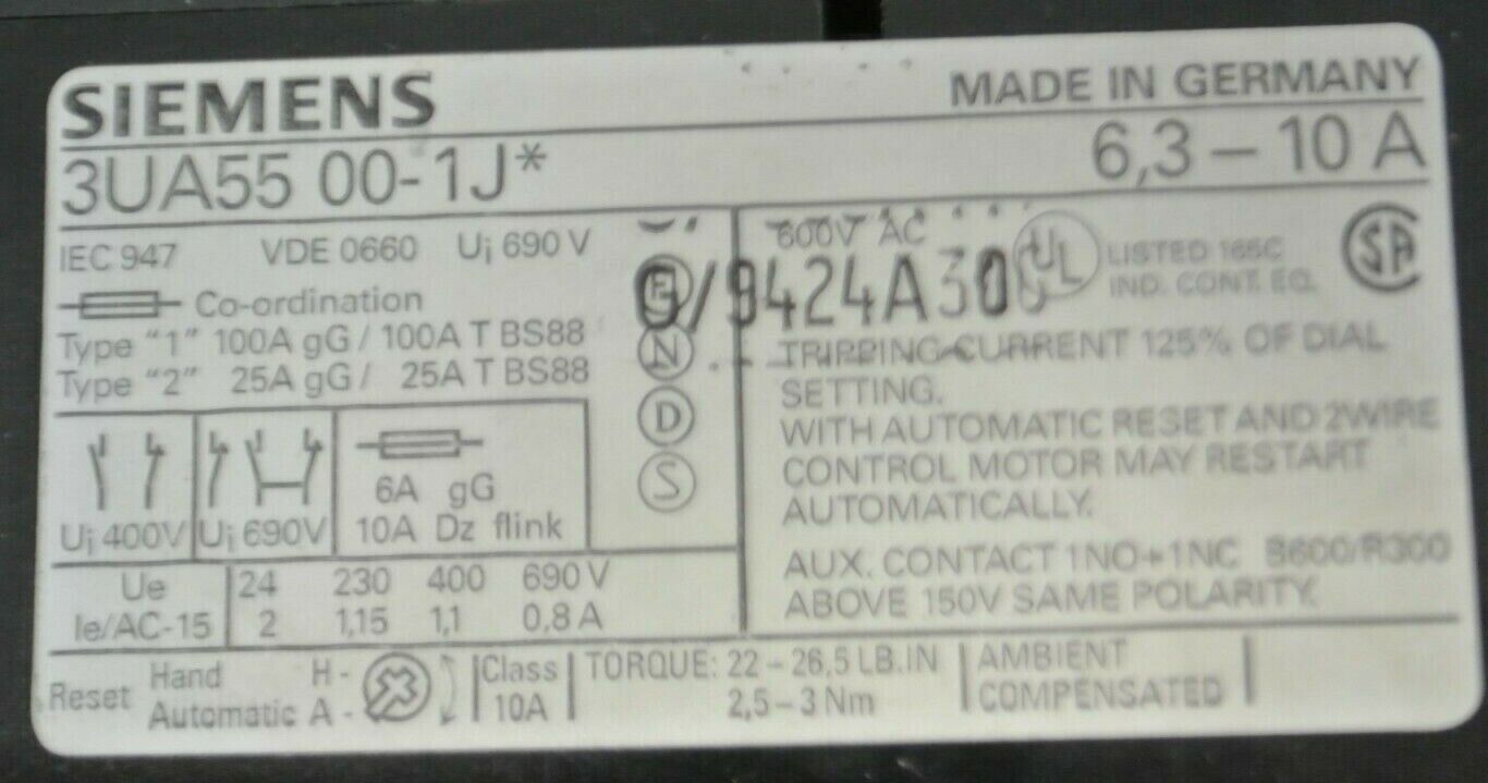 SIEMENS 3UA55 00-1J* OVERLOAD RELAY / 6.3 to 10A / 24-690V