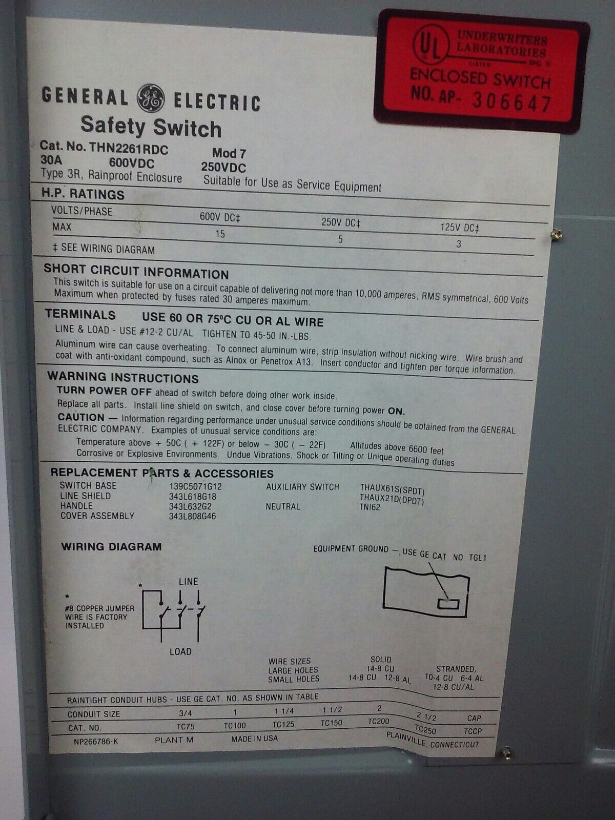 GE THN2261RDC SAFETY SWITCH, MOD 7, 30A, 650/250VDC, TYPE 3R RAINPROOF ENCLOSURE