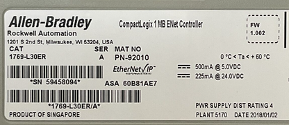 ALLEN BRADLEY 1769-L30ER SER A FW 1.002 COMPACT LOGIX 1 MB ENET CONTROLLER