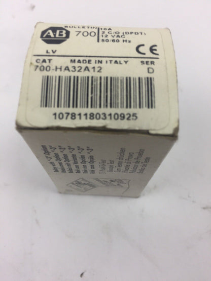 ALLEN BRADLEY 700-HA32A12 RELAY 10A 2 C/O (DPDT) 12 VAC 50/60HZ SERIES D