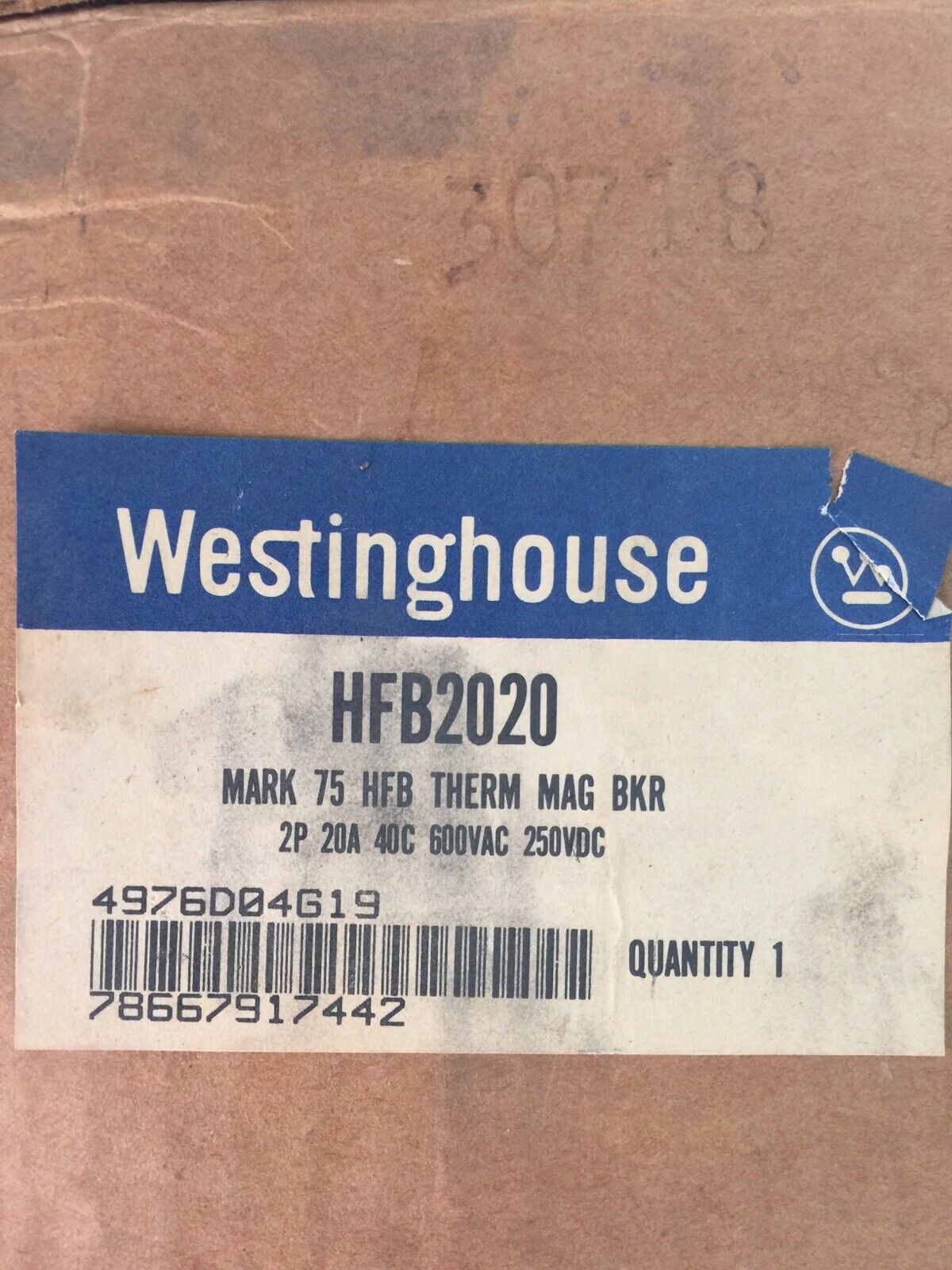 WESTINGHOUSE HFB2020 CIRCUIT BREAKER 20AMP 600VAC 250VDC 2P 4976D04G19