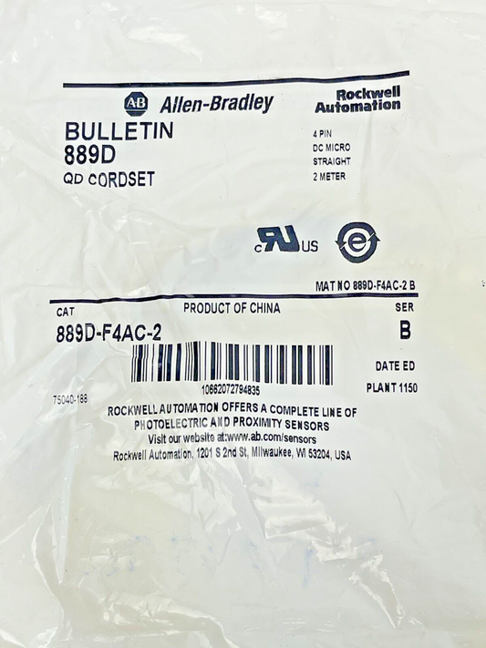 ALLEN BRADLEY - 889D-F4AC-2 SER B - QD CORDSET - 4 PIN, DC MICRO, STRAIGHT, 2 M