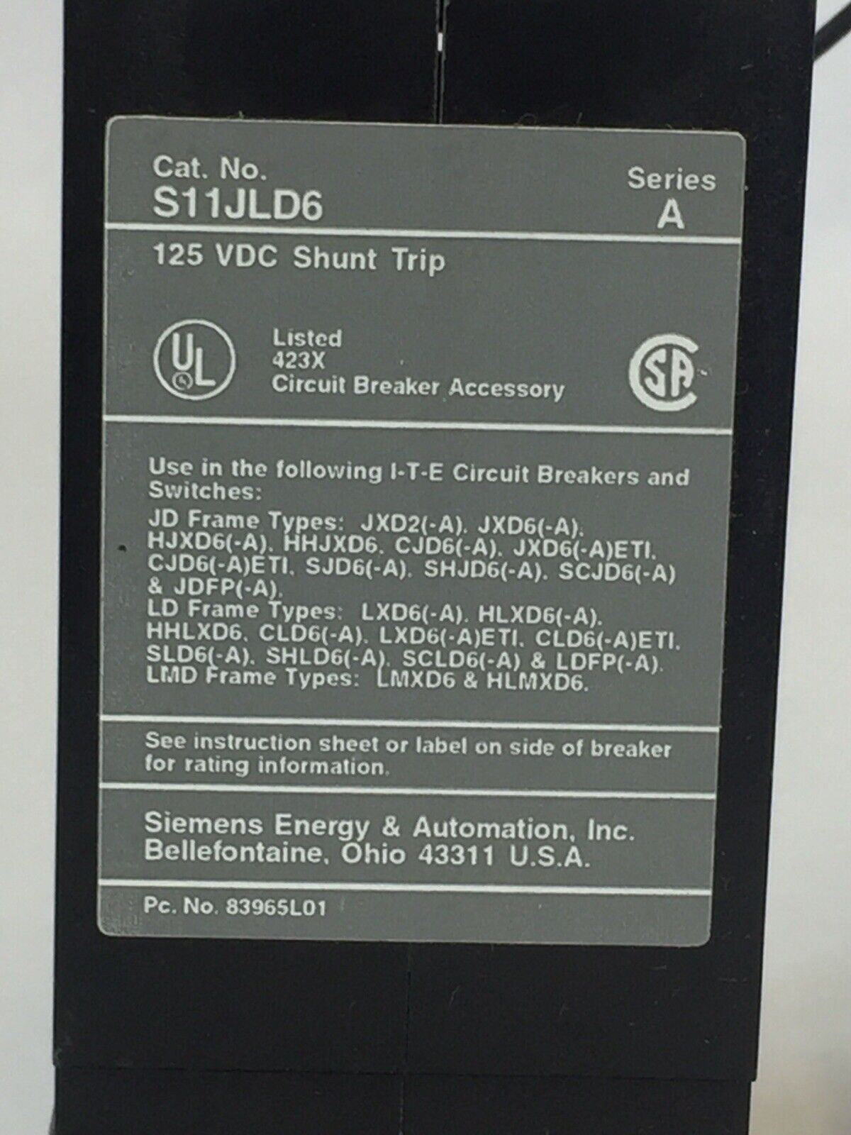 ITE S11JLD6 SHUNT TRIP 125VDC