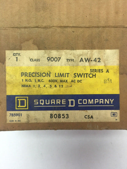 SQUARE D 9007 AW-42 PRECISION LIMIT SWITCH SER A 600V AC/DC 1 NO-1 NC 1,2,4,5&12