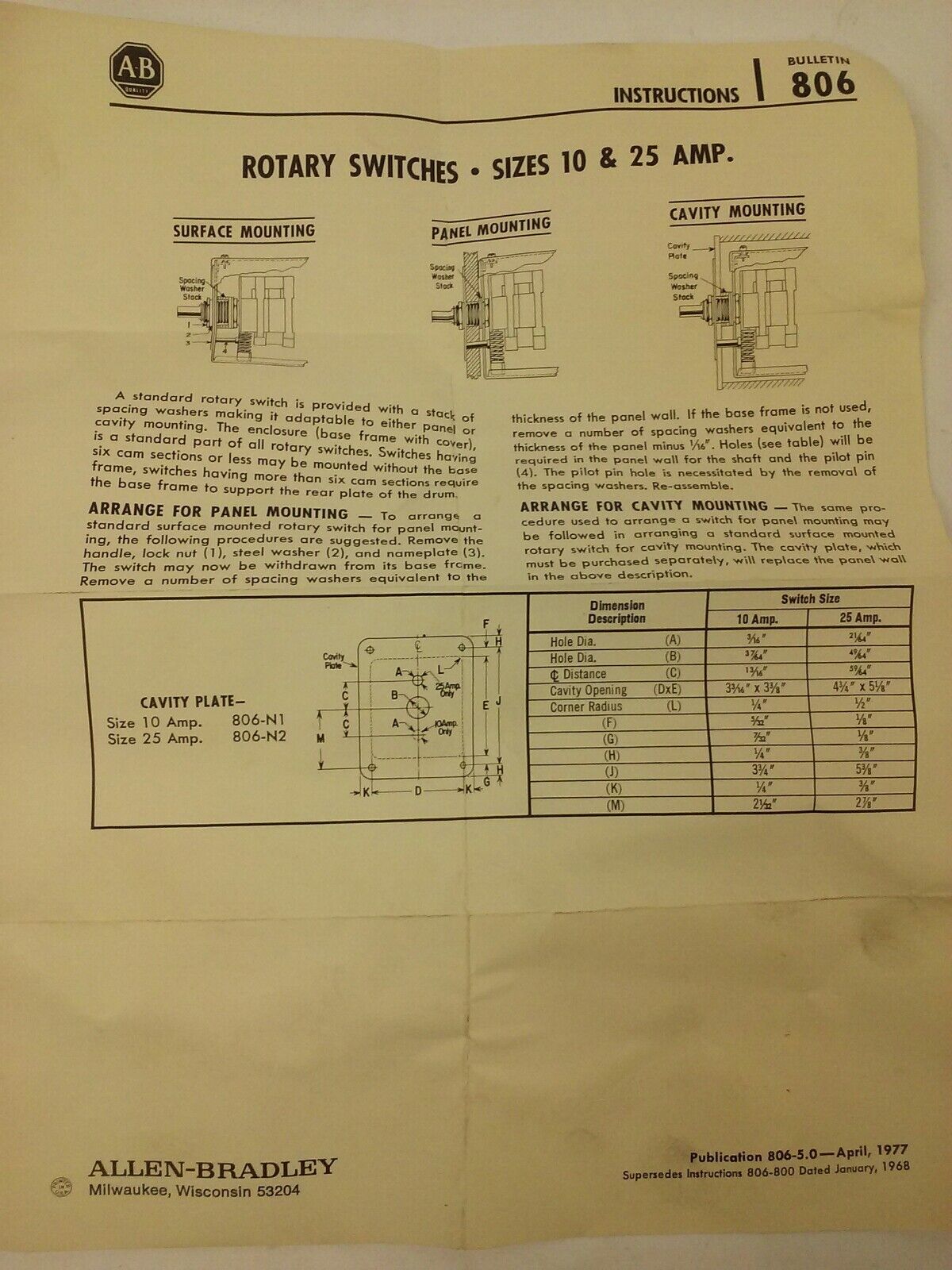 ALLEN BRADLEY E354845/1 ROTARY PILOT SWITCH, SIZE 10, 25A, E354845-1, BUL. 806