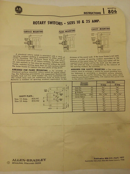 ALLEN BRADLEY E354845/1 ROTARY PILOT SWITCH, SIZE 10, 25A, E354845-1, BUL. 806
