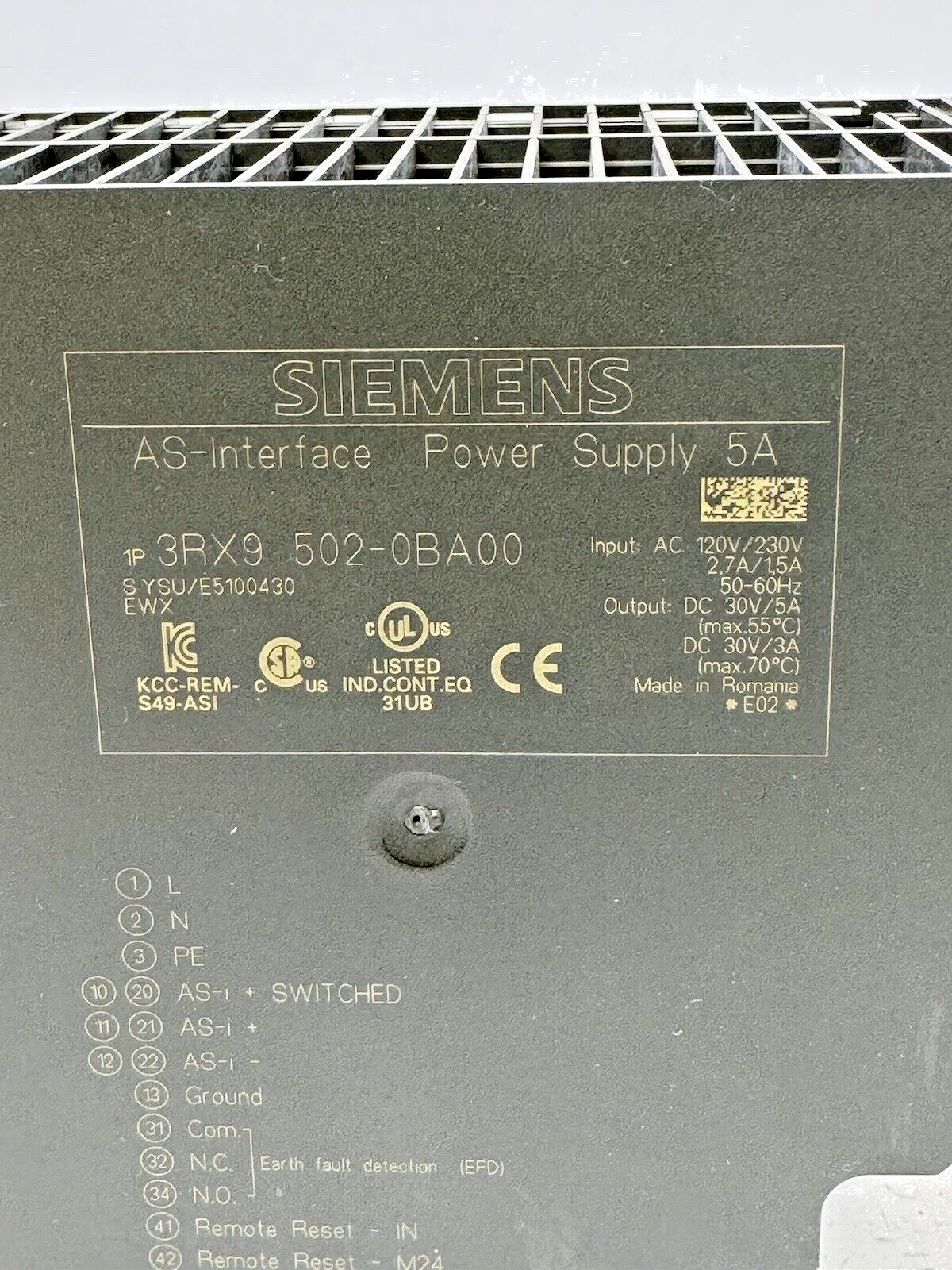SIEMENS - 3RX9-502-0BA00 - AS INTERFACE POWER SUPPLY - 5A, 230 VAC, 50-60Hz