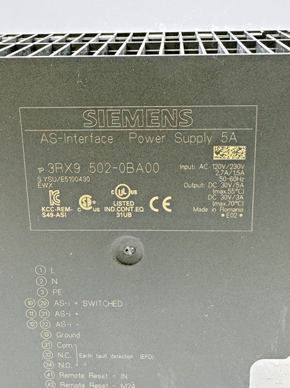 SIEMENS - 3RX9-502-0BA00 - AS INTERFACE POWER SUPPLY - 5A, 230 VAC, 50-60Hz