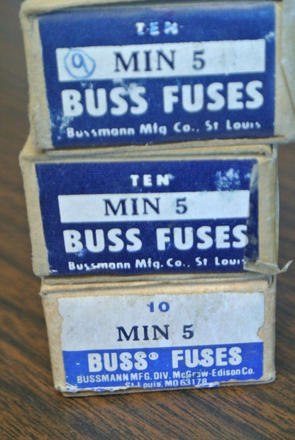 BOX of 10 / BUSS MIN5 INDICATING FUSE / 5A / 250V / NEW SURPLUS / MIN-5