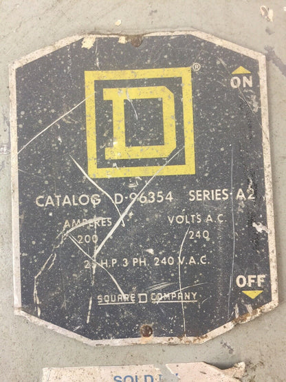 SQUARE D D-96354 FUSIBLE DISCONNECT SWITCH 200 AMP 240 VAC 3PH
