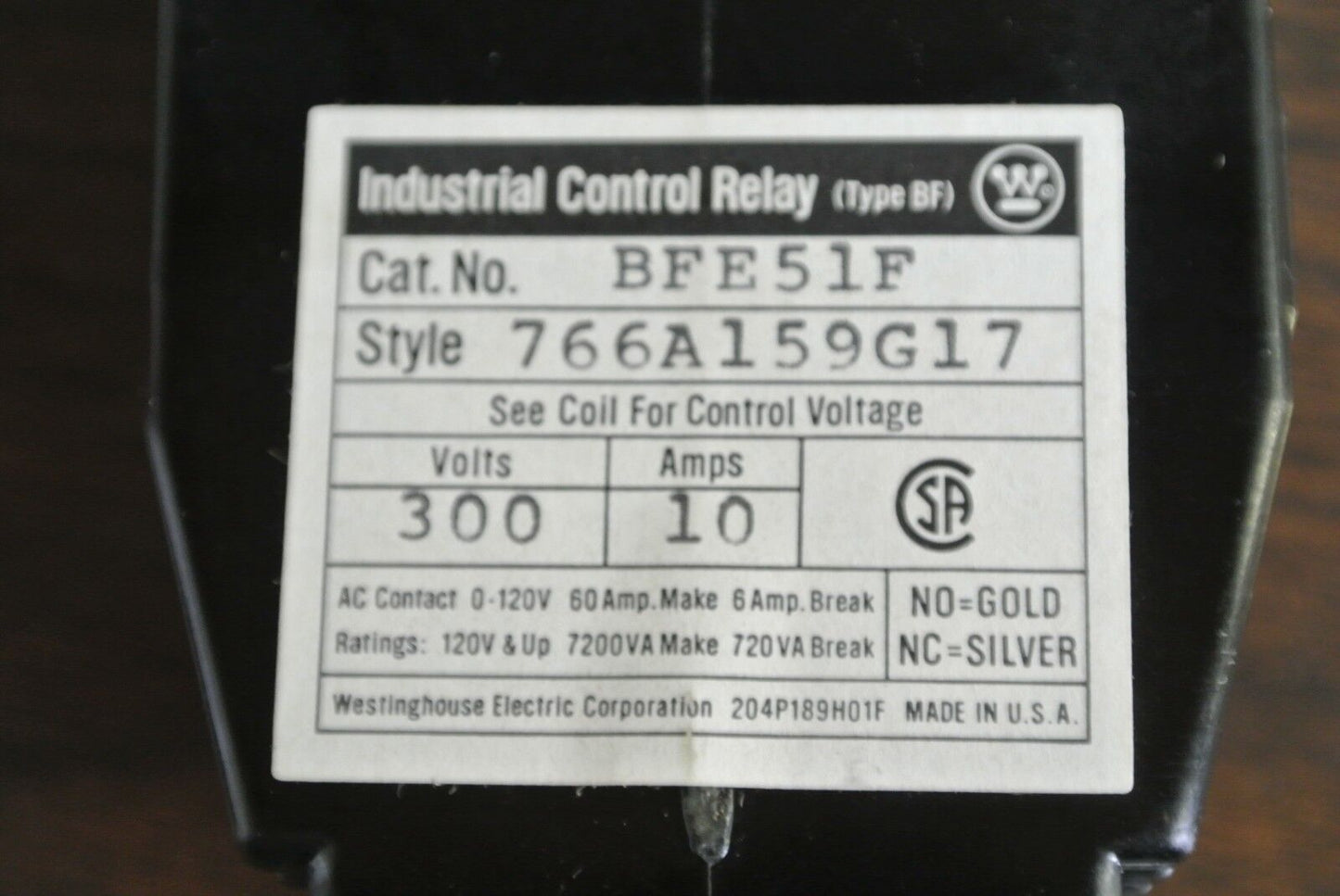 WESTINGHOUSE BFE51F INDUSTRIAL CONTROL RELAY, TYPE BF 300V, 10A - NEW SURPLUS